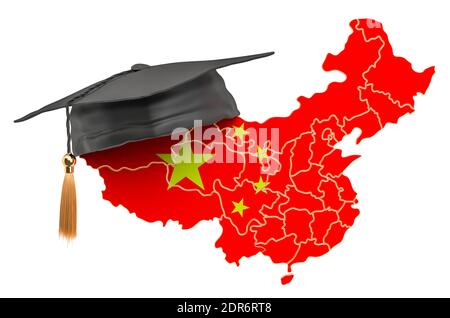 Education in China concept. Chinese map with graduate cap, 3D rendering isolated on white background Stock Photo