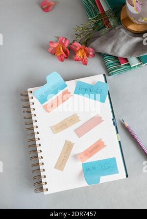 Empty spiral notebook full of multicolor reminder notes at the top of it on a clean background with two red flowers. Stock Photo