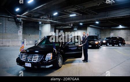 Secret Service Agent stands still next to U.S. President Barack Obama's car named 'the beast' in a underground parking at the Congressional Hispanic Caucus Institute's 38th Anniversary Awards Gala at the Washington Convention Center October 8, 2015 in Washington, DC, USA. Photo by Olivier Douliery/Pool/ABACAPRESS.COM