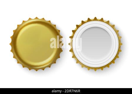 Vector 3d Realistic Metal Golden Blank Beer Bottle Cap Icon Set Closeup Isolated on White Background. Design Template for Mock up, Package Stock Vector