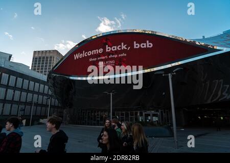 Birmingham, United Kingdom - December 12 2020: Grand Central 'Welcome Back Bab' advertising message on LCD screen to Birmingham Christmas shoppers Stock Photo