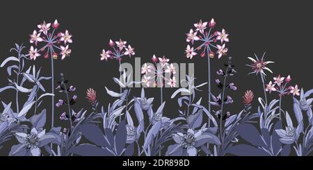 Vector floral seamless pattern, border with pink and purple flowers, blue and violet herbs. Stock Vector