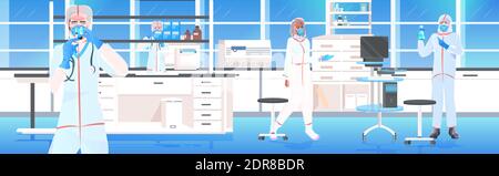 doctors team holding test tubes with coronavirus cells sample vaccine development fight against covid-19 concept hospital lab interior horizontal vector illustration Stock Vector