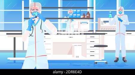 doctors team holding test tubes with coronavirus cells sample vaccine development fight against covid-19 concept hospital lab interior horizontal vector illustration Stock Vector