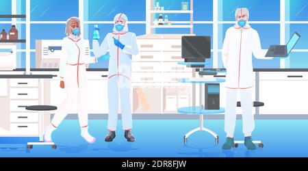 doctors team holding test tubes with coronavirus cells sample vaccine development fight against covid-19 concept hospital lab interior horizontal vector illustration Stock Vector