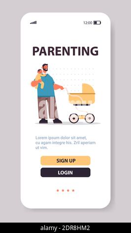 young father with little son pushing baby stroller fatherhood parenting concept dad spending time with his kid smartphone screen vertical full length copy space vector illustration Stock Vector