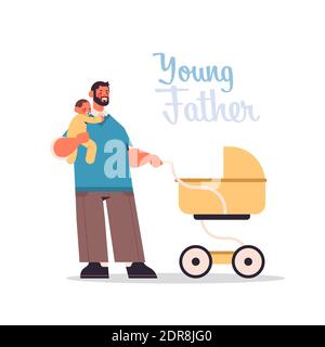 young father with little son pushing baby stroller happy father's day fatherhood concept dad spending time with his kid lettering greeting card full length vector illustration Stock Vector