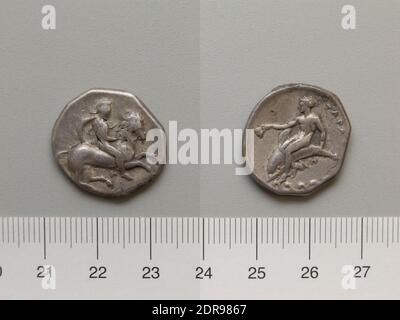 Mint: Tarentum, Nomos from Tarentum, 340–332 B.C., Silver, 6.68 g, 6:00, 22 mm, Made in Tarentum, Calabria, Greek, 4th century B.C., Numismatics Stock Photo