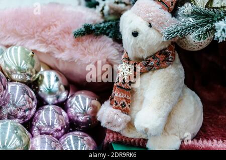 Christmas greeting card with teddy bear, pink and silver balls  Stock Photo