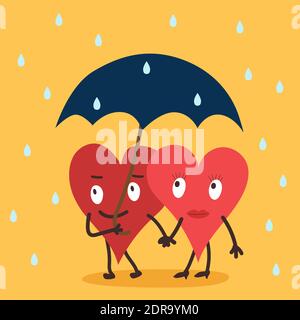 Two cute hearts in love under the umbrella they hold hands and the rain falls. Valentines day holiday concept Stock Vector