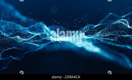 Abstract Blue Color Digital Particles Wave With Bokeh And Light Background