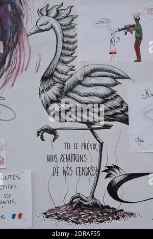 Streetart to express disagreement with the terrorist attacks which occured in Paris a week earlier during the evening of November 13. Paris, France on November 22, 2015. Photo by Aurore Marechal/ABACAPRESS.COM Stock Photo