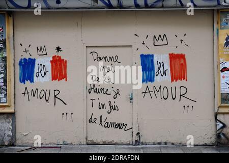 Streetart to express disagreement with the terrorist attacks which occured in Paris a week earlier during the evening of November 13. Paris, France on November 24, 2015. Photo by Aurore Marechal/ABACAPRESS.COM Stock Photo