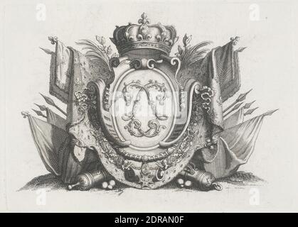 Royal Crest with Crown and Flags and Interlaced Ls, 18th–17th Century, Engraving, image: 12.1 × 16.8 cm (4 3/4 × 6 5/8 in.), possibly French, 17th or 18th century, Works on Paper - Prints Stock Photo