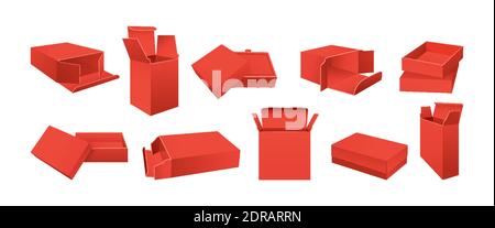 Template red box set mockup. Blank realistic product packaging, gift boxes collection. Carton cardboard angle side, front view. Opened, closed paper package different positions. Vector illustration Stock Vector