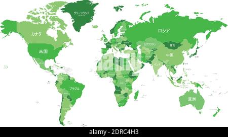 Political World Map vector illustration with different tones of green for each country and country names in japanese. Editable and clearly labeled lay Stock Vector