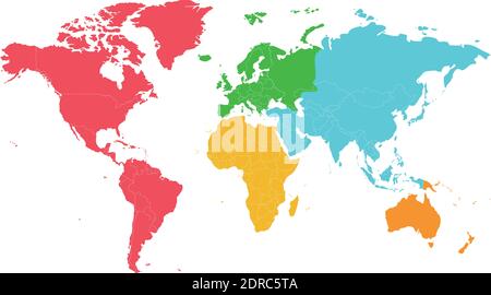 Political blank World Map vector illustration with different colors for each continent and isolated on white background. Editable and clearly labeled Stock Vector