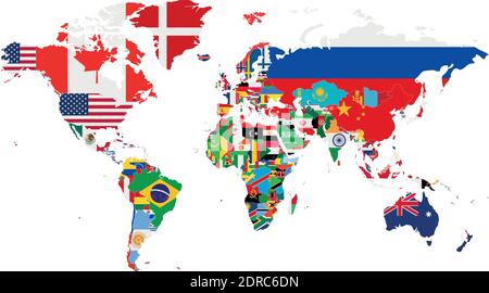 Political World Map vector illustration with the flags of all countries. Editable and clearly labeled layers. Stock Vector