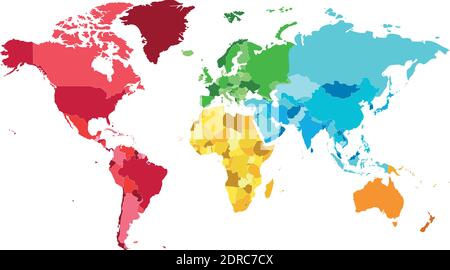Political blank World Map vector illustration with different colors for each continent and different tones for each country. Editable and clearly labe Stock Vector