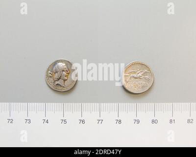 Mint: Rome, Magistrate: L. Calpurnius Piso Frugi, Denarius from Rome, 90 B.C., Silver, 3.76 g, 4:00, 18 mm, Made in Rome, Roman, 1st century B.C., Numismatics Stock Photo