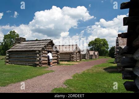 Replica cabins like Revolutionary War soldiers used during the winter encampment of the Continental Army at Valley Forge, Pennsylvania. Stock Photo