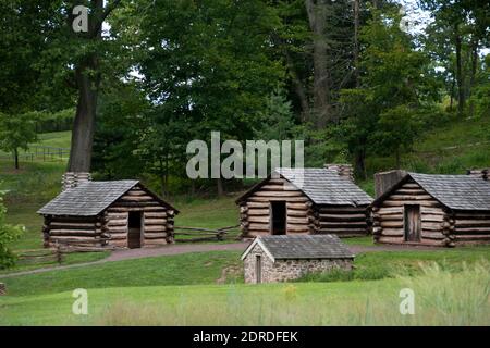 Replica cabins like Revolutionary War soldiers used during the winter encampment of the Continental Army at Valley Forge, Pennsylvania. Stock Photo