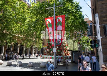 Giant Christmas tree and Christmas banners in Martin place in Sydney city centre,NSW,Australia Stock Photo