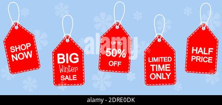 Big winter sale poster. Winter sale vector banner design. Red tag element and snowflakes in blue background. Vector illustration Stock Vector