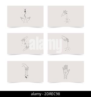 Magical business card. The reverse side. Magic and esoteric. Tarot vector illustration in boho style with linear hands and stars. Stock Vector