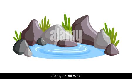 Water paddle surrounded with stones and grass. Natural scene with freshwater paddle. Vector illustration in cartoon style Stock Vector