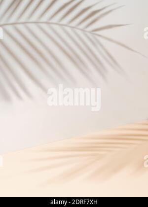 Palm leaf shadows on white wall and cream pastel floor. Abstract background of shadows palm leaves for creative summer mock-up. Neutral tropical palm mockup on light backdrop. Vertical Stock Photo