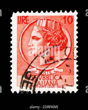 MOSCOW, RUSSIA - FEBRUARY 9, 2019: A stamp printed in Italy shows Coin of Syracuse, serie, circa 1953 Stock Photo