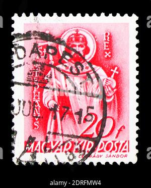 MOSCOW, RUSSIA - FEBRUARY 9, 2019: A stamp printed in Hungary shows Saint Stephen, Church in Hungary serie, circa 1939 Stock Photo