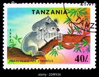 MOSCOW, RUSSIA - FEBRUARY 9, 2019: A stamp printed in Tanzania shows Koala (Phascolarctos cinereus), Endangered Species serie, circa 1994 Stock Photo