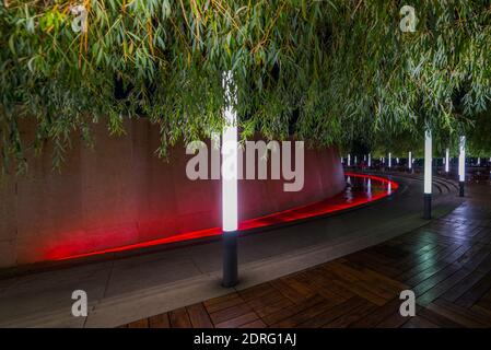 Walking path around fountain in resort with colored light illumination and trees on side at evening. Modern park design. Stock Photo