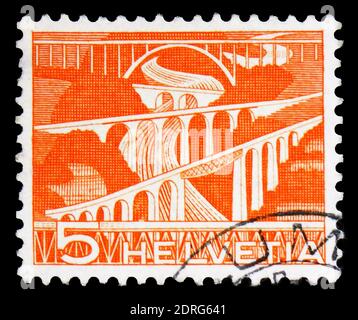 MOSCOW, RUSSIA - FEBRUARY 10, 2019: A stamp printed in Switzerland shows Sitter Bridges near St. Gallen, serie, circa 1949 Stock Photo