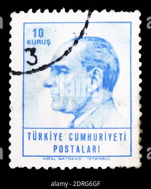 MOSCOW, RUSSIA - FEBRUARY 10, 2019: A stamp printed in Turkey shows Definitives, Ataturk portrait 4v serie, circa 1965 Stock Photo