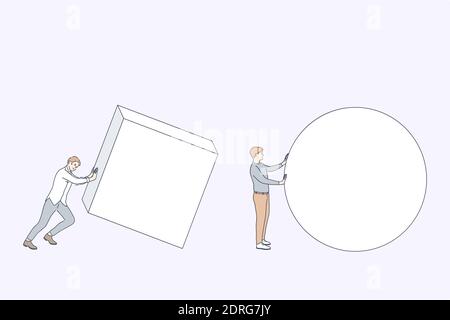 Different business strategy comparison concept. Men businessmen cartoon characters carrying round and square forms trying to fins best solution and sh Stock Vector