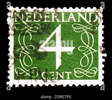 MOSCOW, RUSSIA - FEBRUARY 10, 2019: A stamp printed in Netherlands shows Numeral, Numbers serie, circa 1946 Stock Photo