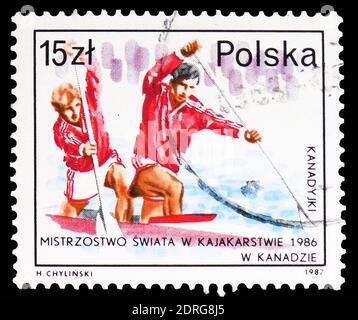 MOSCOW, RUSSIA - FEBRUARY 10, 2019: A stamp printed in Poland shows Doubles Canoeing, Success of Polish Athletes serie, circa 1987 Stock Photo