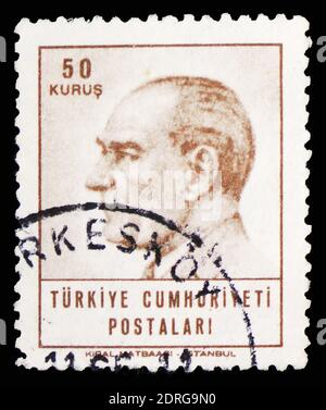 MOSCOW, RUSSIA - FEBRUARY 10, 2019: A stamp printed in Turkey shows Ataturk, Definitive Postage Stamps, Ataturk serie, circa 1965 Stock Photo