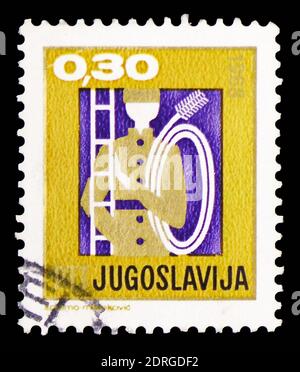 MOSCOW, RUSSIA - FEBRUARY 10, 2019: A stamp printed in Yugoslavia shows Chimney sweep, New Year serie, circa 1967 Stock Photo