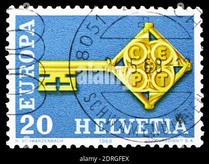 MOSCOW, RUSSIA - FEBRUARY 10, 2019: A stamp printed in Switzerland shows Key with CEPT badge, serie, circa 1968 Stock Photo