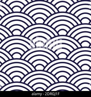 Oriental wave pattern from Japan in blue. Seamless classic japanese kimono pattern, round pattern with shell or fish scales motifs Stock Vector