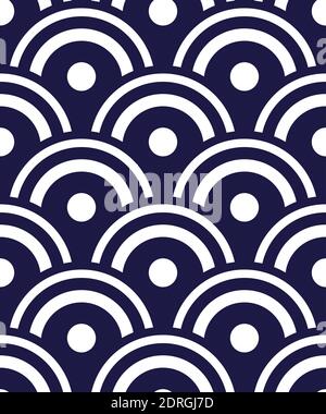 Oriental wave pattern from Japan in blue. Seamless classic japanese kimono pattern, round pattern with shell or fish scales motifs Stock Vector