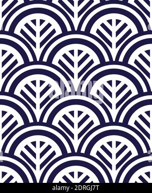 Oriental wave pattern from Japan in blue. Seamless classic japanese kimono pattern, round pattern with shell or fish scales motifs Stock Vector