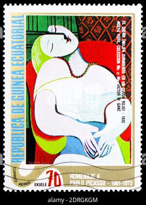 MOSCOW, RUSSIA - FEBRUARY 10, 2019: A stamp printed in Equatorial Guinea shows The Dream, PICASSO: Abstract paintings serie, circa 1975 Stock Photo