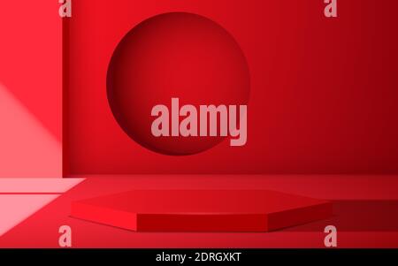 red hexagon podium in the red studio room Stock Vector