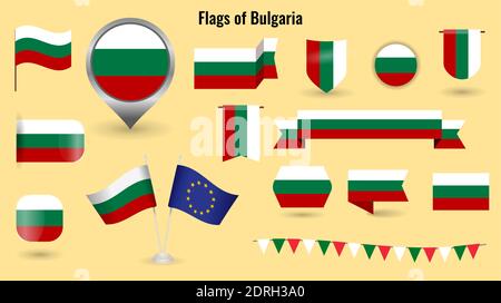 The Flag of Bulgaria. Big set of icons and symbols. Square and round Bulgaria flag. Collection of different flags of horizontal and vertical. Stock Vector
