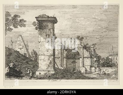 Artist: Canaletto (Giovanni Antonio Canal), Italian, 1697–1768, Landscape with Ruined Monuments, from the series Vedute (Views), Etching, platemark: 14.4 × 21.6 cm (5 11/16 × 8 1/2 in.), Italian, 18th century, Works on Paper - Prints Stock Photo